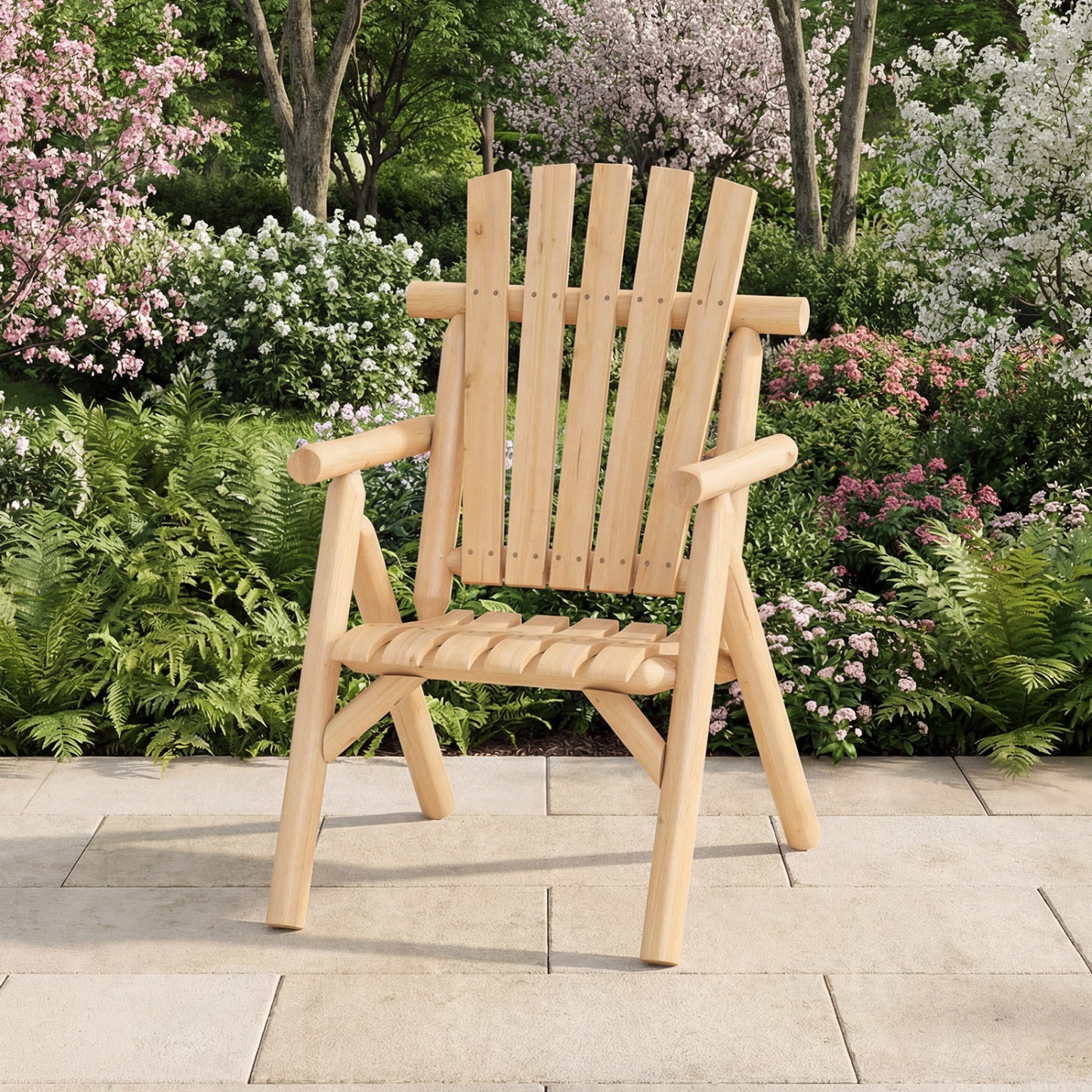 Log Wood Patio Chair with Slatted Backrest for Deck Backyard-Brown