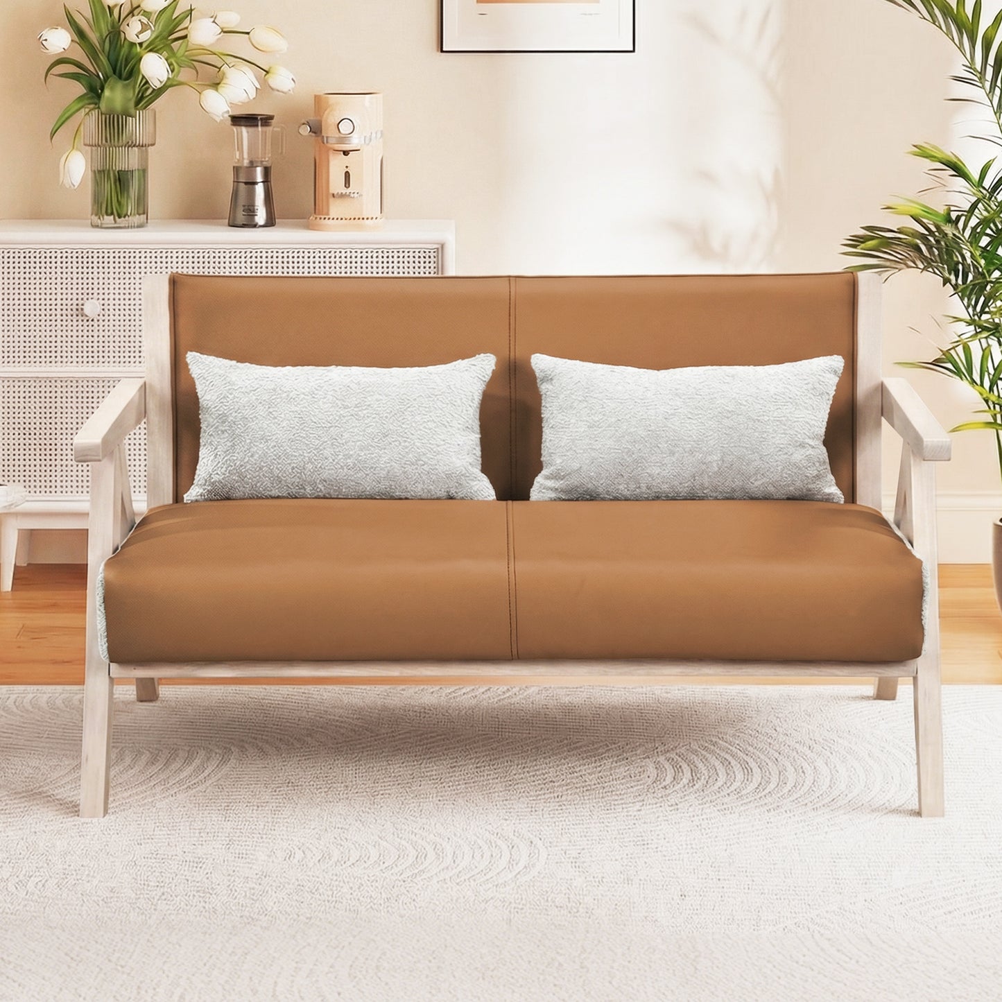Loveseat Sofa for Small Spaces with Throw Pillows Rubber Wood Frame Padded Seat-Brown