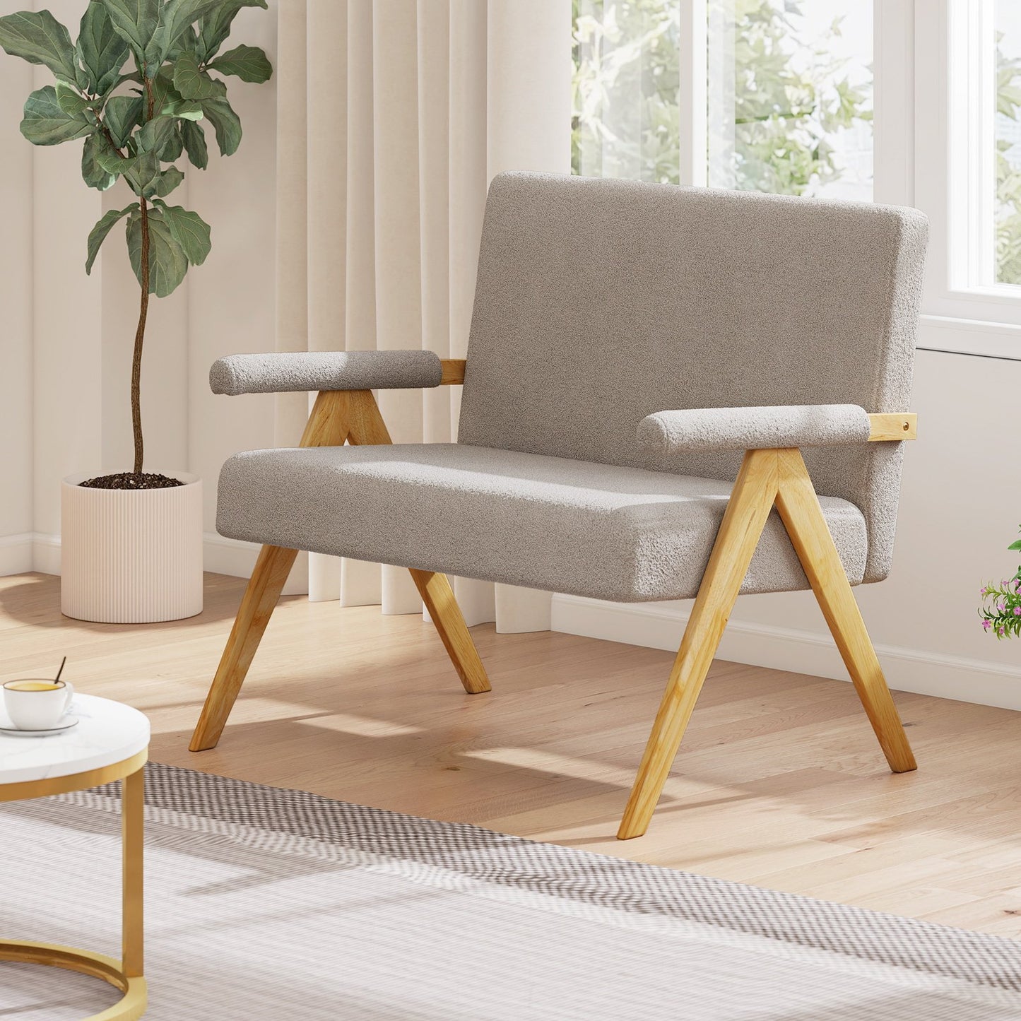 Loveseat Sofa with Armrests and Wooden Legs-Beige