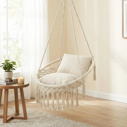Macrame Swing Chair Hammock Chair with 2 Removable Cushions-Beige