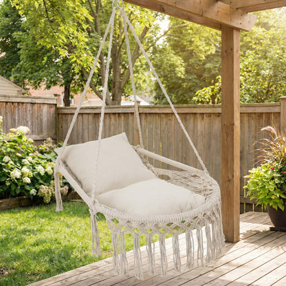 Macrame Swing Chair Hammock Chair with 2 Removable Cushions-Beige