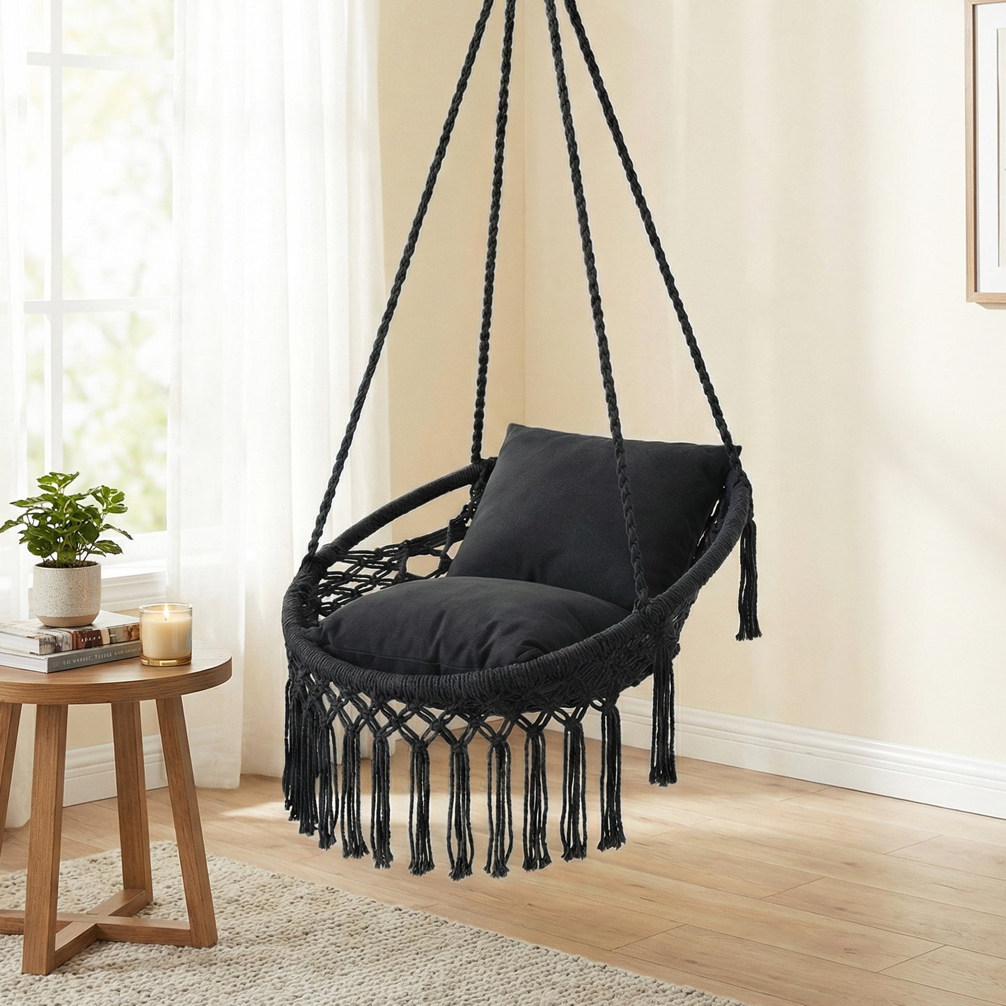 Macrame Swing Chair Hammock Chair with 2 Removable Cushions-Beige