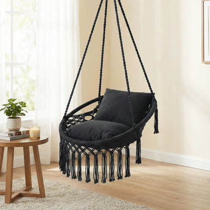 Macrame Swing Chair Hammock Chair with 2 Removable Cushions-Beige