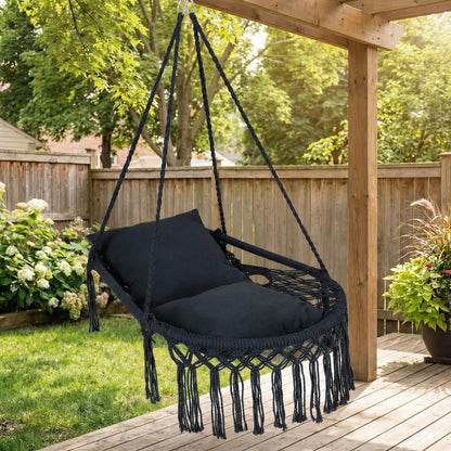 Macrame Swing Chair Hammock Chair with 2 Removable Cushions-Beige