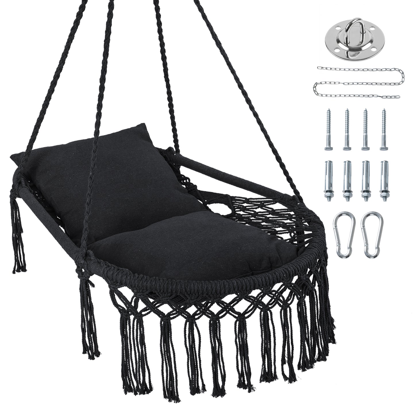 Macrame Swing Chair Hammock Chair with 2 Removable Cushions-Beige