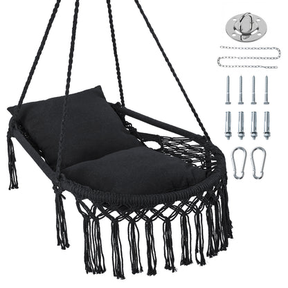 Macrame Swing Chair Hammock Chair with 2 Removable Cushions-Beige