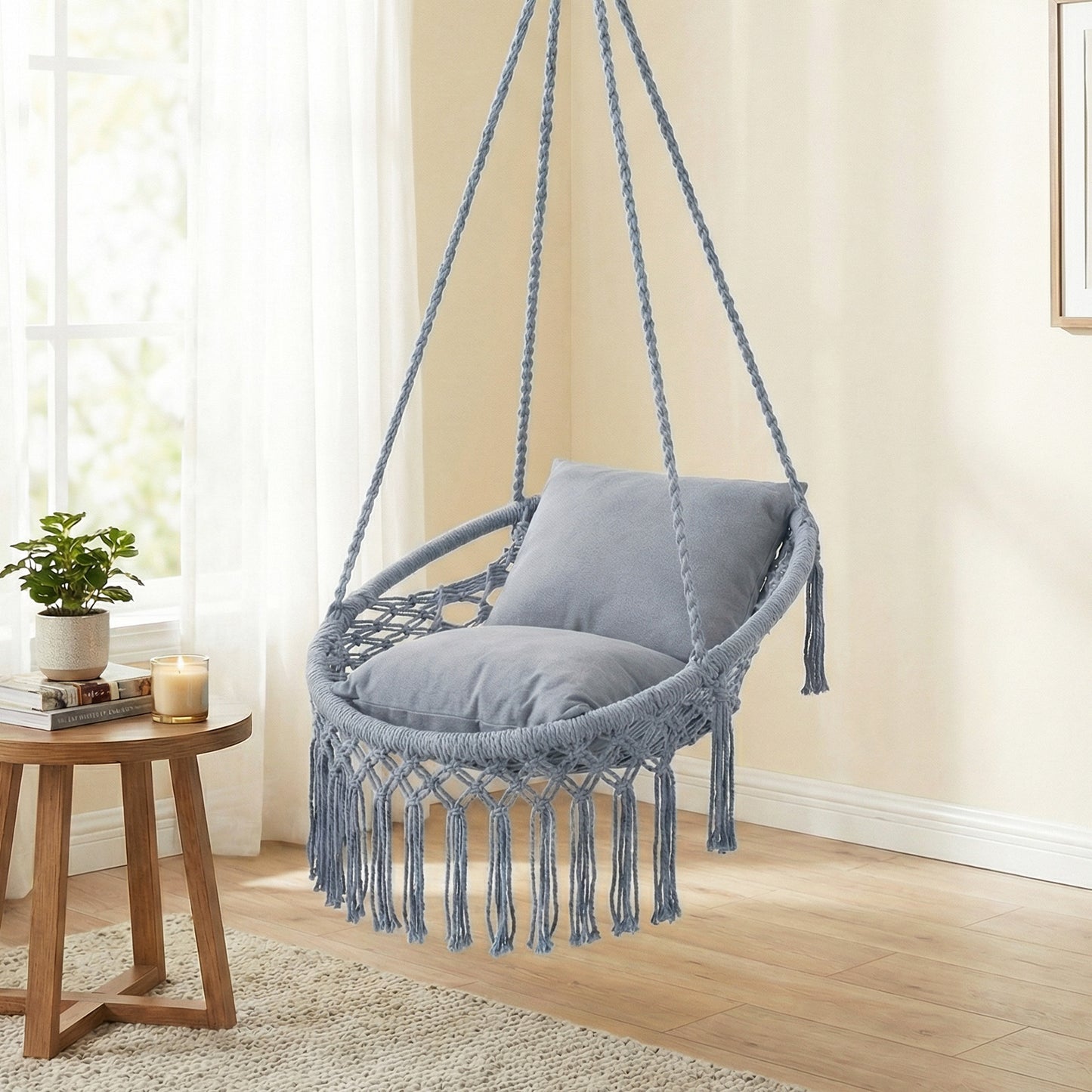 Macrame Swing Chair Hammock Chair with 2 Removable Cushions-Beige