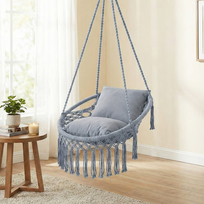 Macrame Swing Chair Hammock Chair with 2 Removable Cushions-Beige