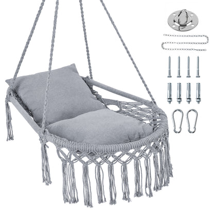 Macrame Swing Chair Hammock Chair with 2 Removable Cushions-Beige