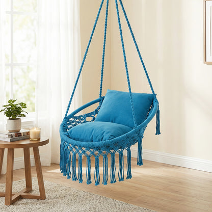 Macrame Swing Chair Hammock Chair with 2 Removable Cushions-Beige