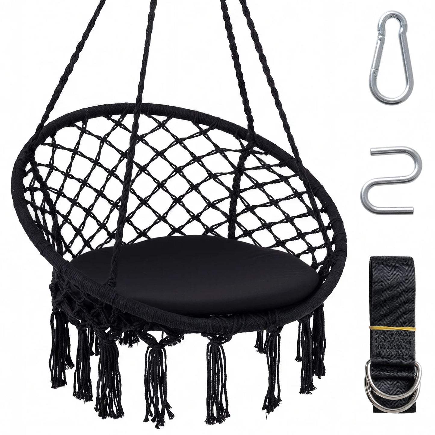 Macrame Swing Chair Hammock Chair with Round Seat Cushion-Beige