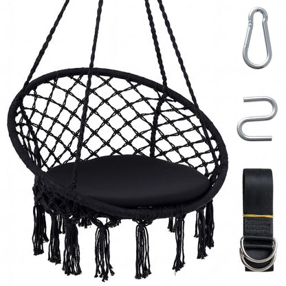 Macrame Swing Chair Hammock Chair with Round Seat Cushion-Beige