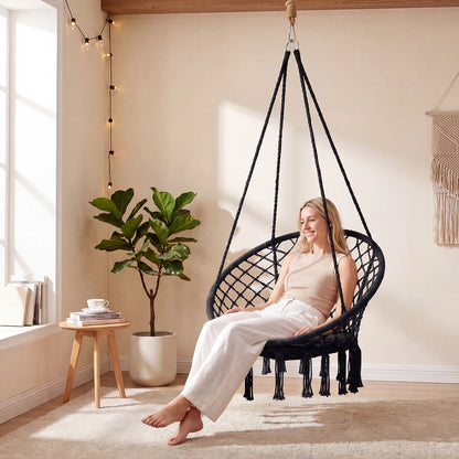 Macrame Swing Chair Hammock Chair with Round Seat Cushion-Beige
