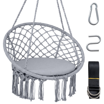 Macrame Swing Chair Hammock Chair with Round Seat Cushion-Beige