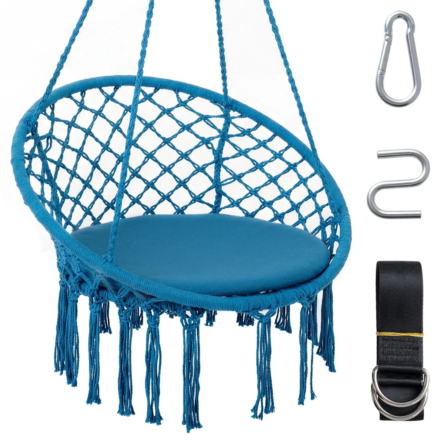 Macrame Swing Chair Hammock Chair with Round Seat Cushion-Beige