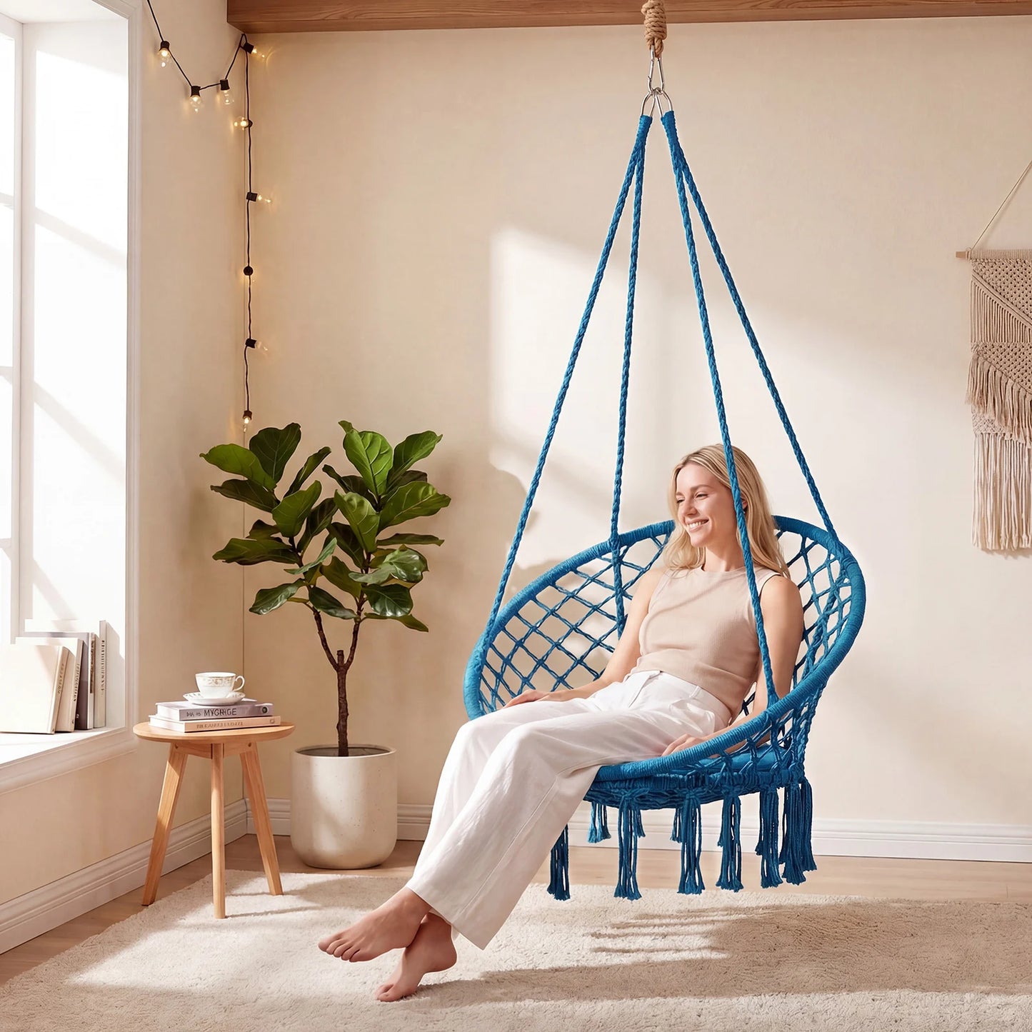 Macrame Swing Chair Hammock Chair with Round Seat Cushion-Beige