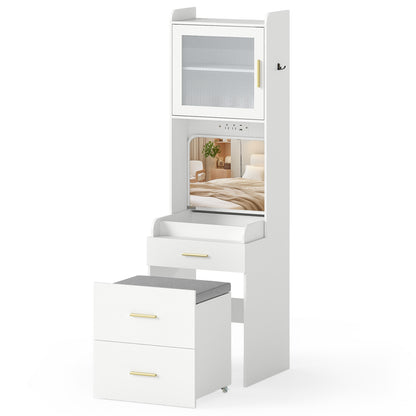 Makeup Vanity with Power Outlets and Flip-top Mirror and Storage Stool-White