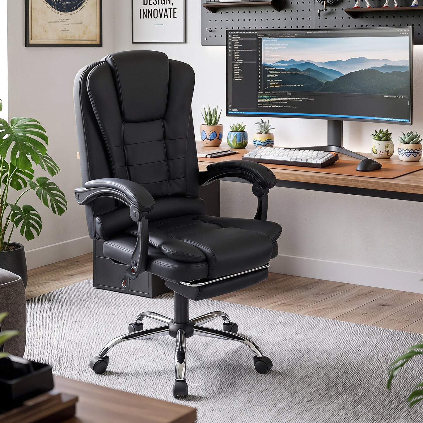 Massage Office Chair with Footrest & Reclining Backrest and Swivel Seat-Black