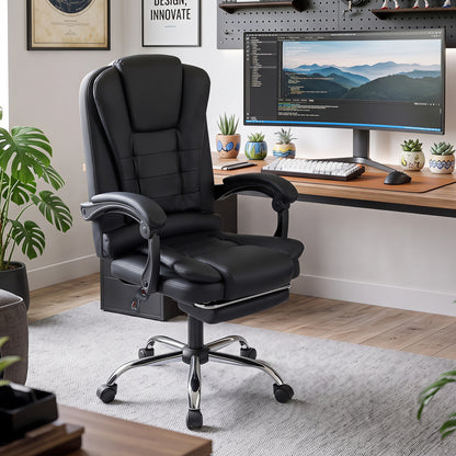 Massage Office Chair with Footrest & Reclining Backrest and Swivel Seat-Black
