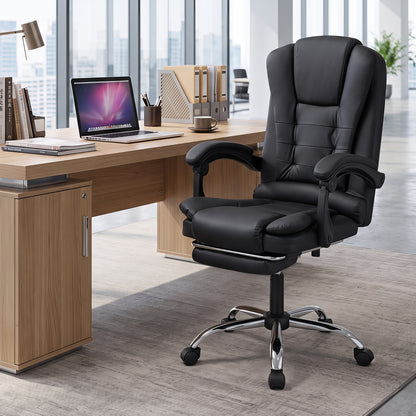 Massage Office Chair with Footrest & Reclining Backrest and Swivel Seat-Black