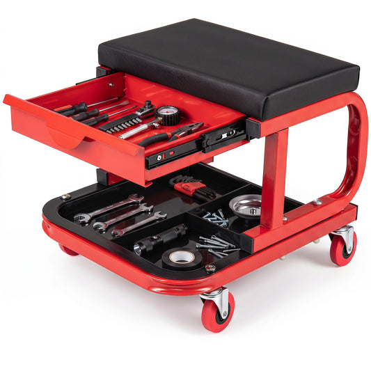 Red mechanic rolling stool with tool trays and magnetic drawer, ideal for garage storage and outdoor workshop use.
