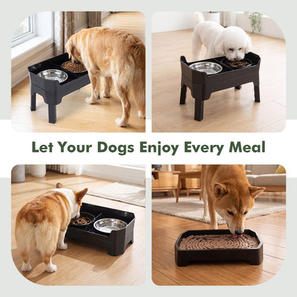 Mess Proof Elevated Dog Bowls with 4 Adjustable Heights with Licking Plate-Black