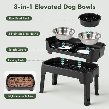 Mess Proof Elevated Dog Bowls with 4 Adjustable Heights with Licking Plate-Black