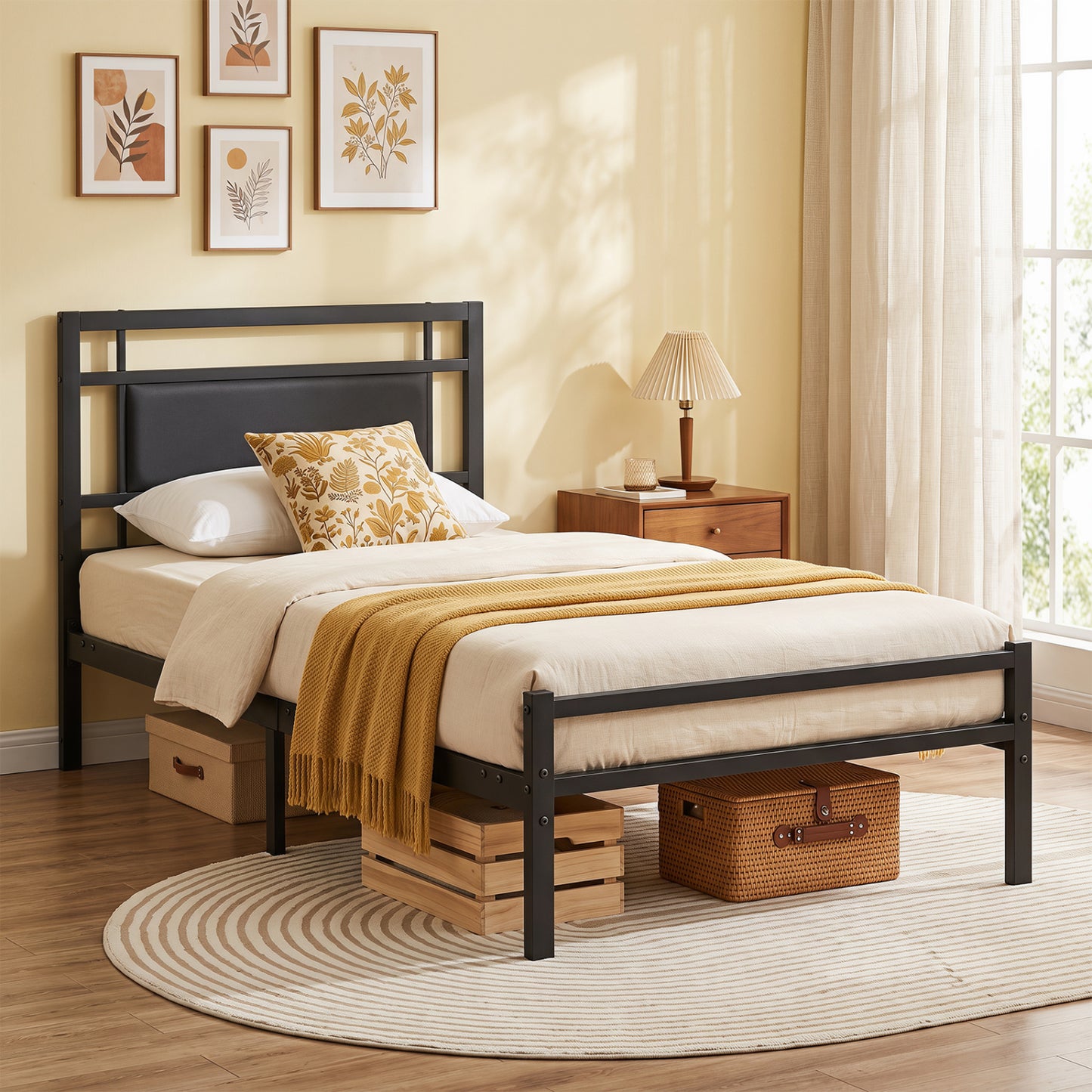 Metal Bed Frame with Upholstered Headboard-Twin Size