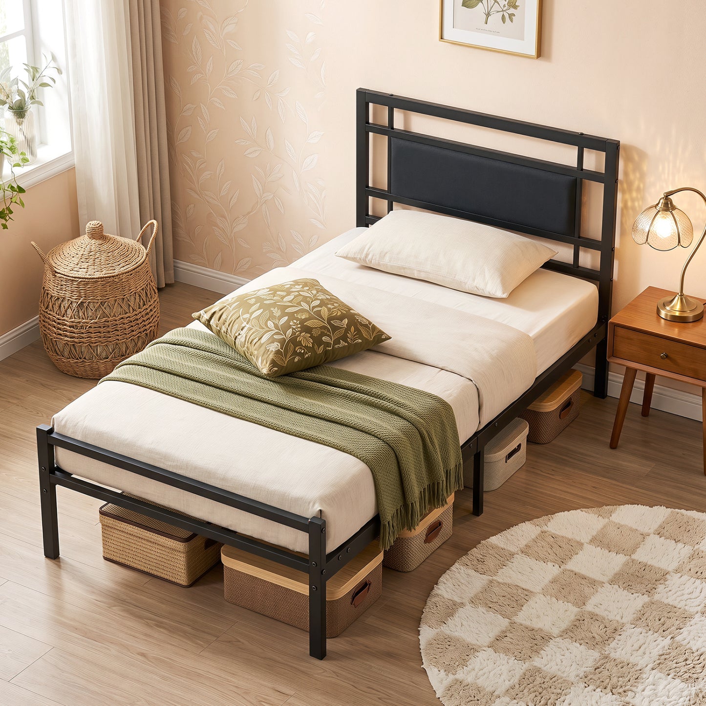 Metal Bed Frame with Upholstered Headboard-Twin Size
