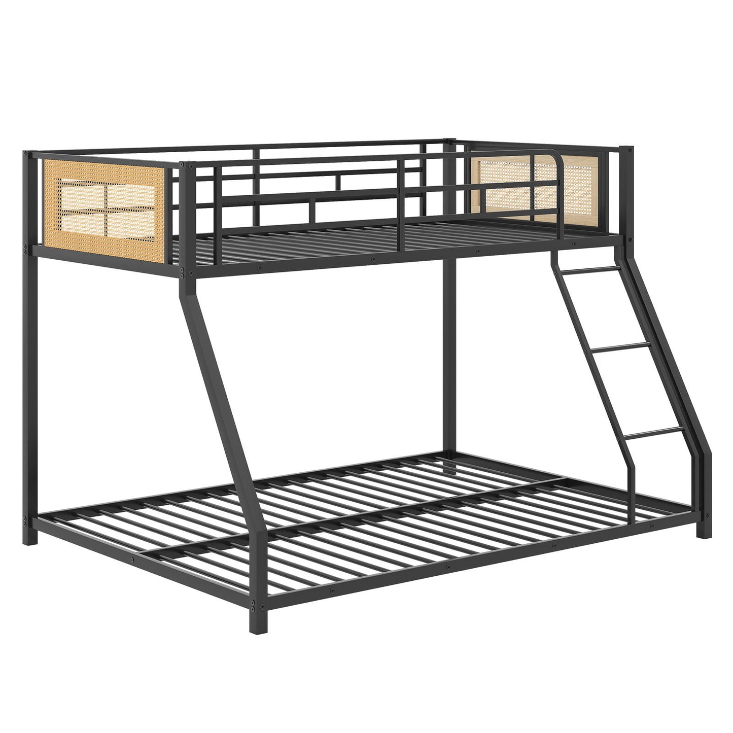 Metal Bunk Bed Twin Over Full with Full Length Safety Guardrail and Ramp Ladder-Black