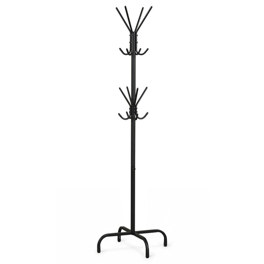 Black metal coat rack with 16 hooks and 4 legs, freestanding entryway or office furniture by Wilsons Home Store.