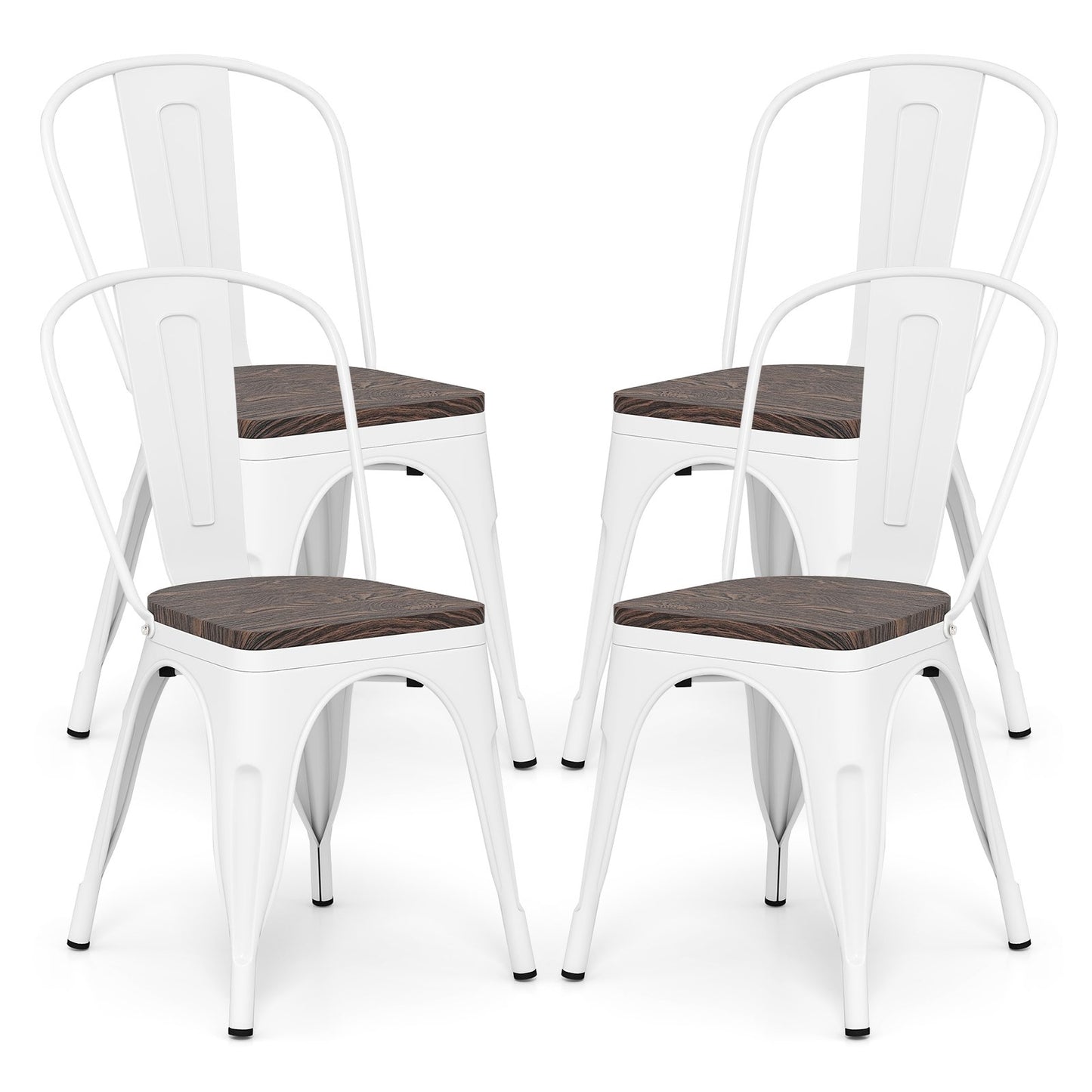Metal Dining Chairs Set of 4 Stackable Kitchen Side Chairs with Wood Seat and Detachable High Backrest-White