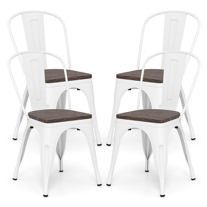 Metal Dining Chairs Set of 4 Stackable Kitchen Side Chairs with Wood Seat and Detachable High Backrest-White