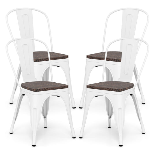 Metal Dining Chairs Set of 4 Stackable Kitchen Side Chairs with Wood Seat and Detachable High Backrest-White