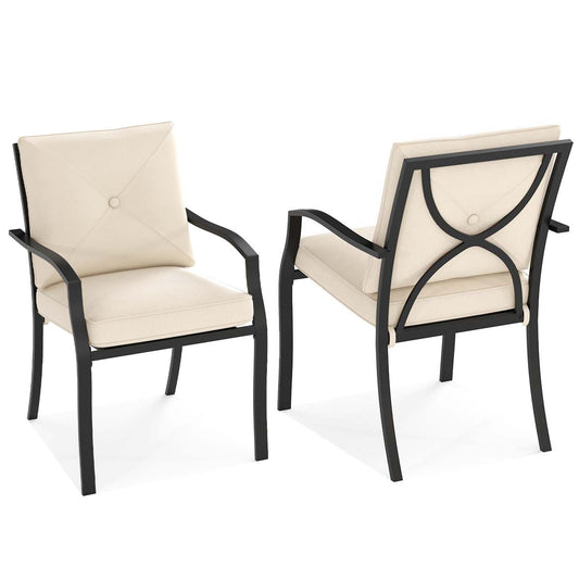 Metal Outdoor Dining Chair Set of 2 Stackable Patio Chairs with Armrests-Beige