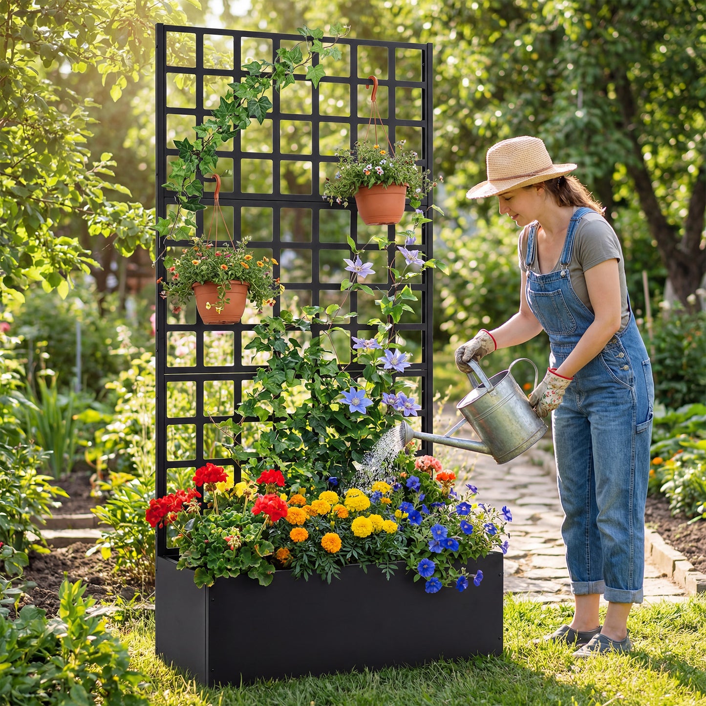 Metal Raised Garden Bed with Trellis and Drainage Holes for Climbing Plants-Black