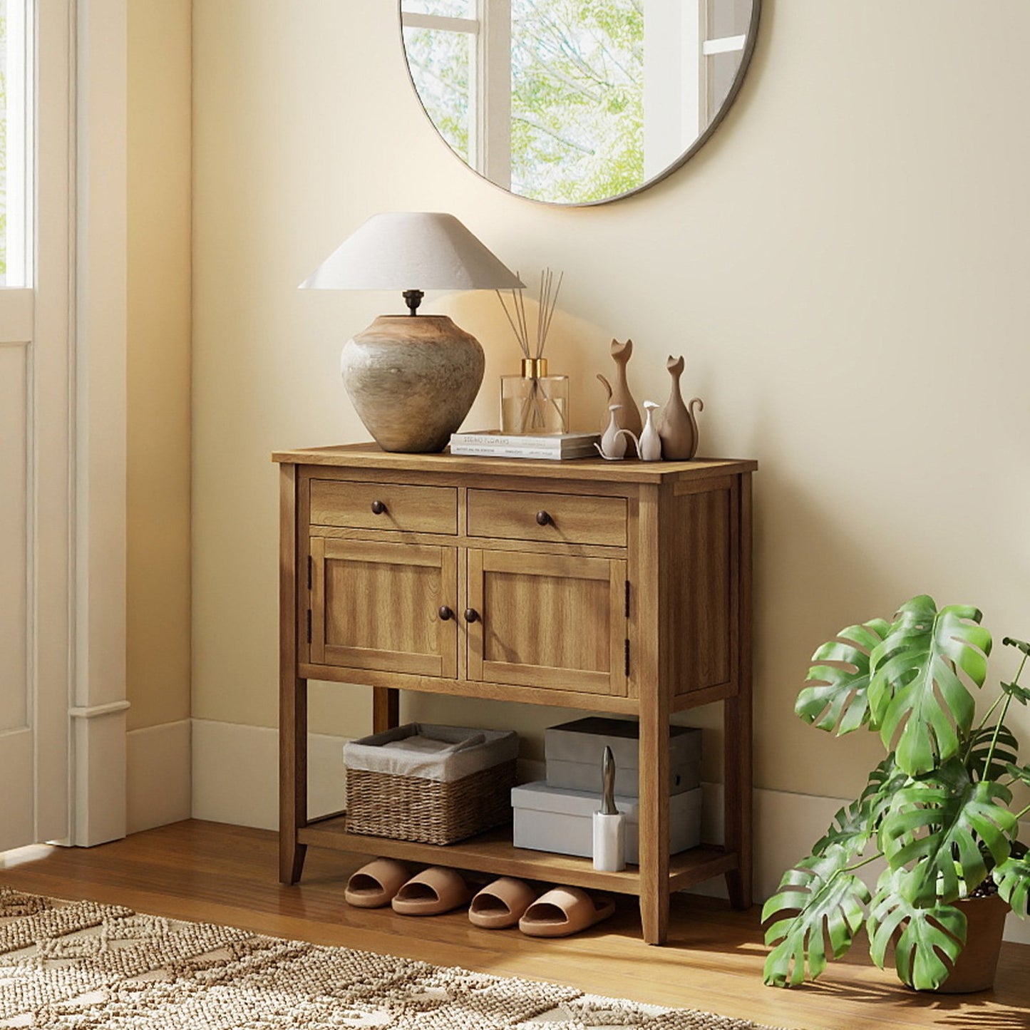 Mid-Century Console Table Wood Coffee Bar Buffet Sideboard with 2 Drawers-Walnut