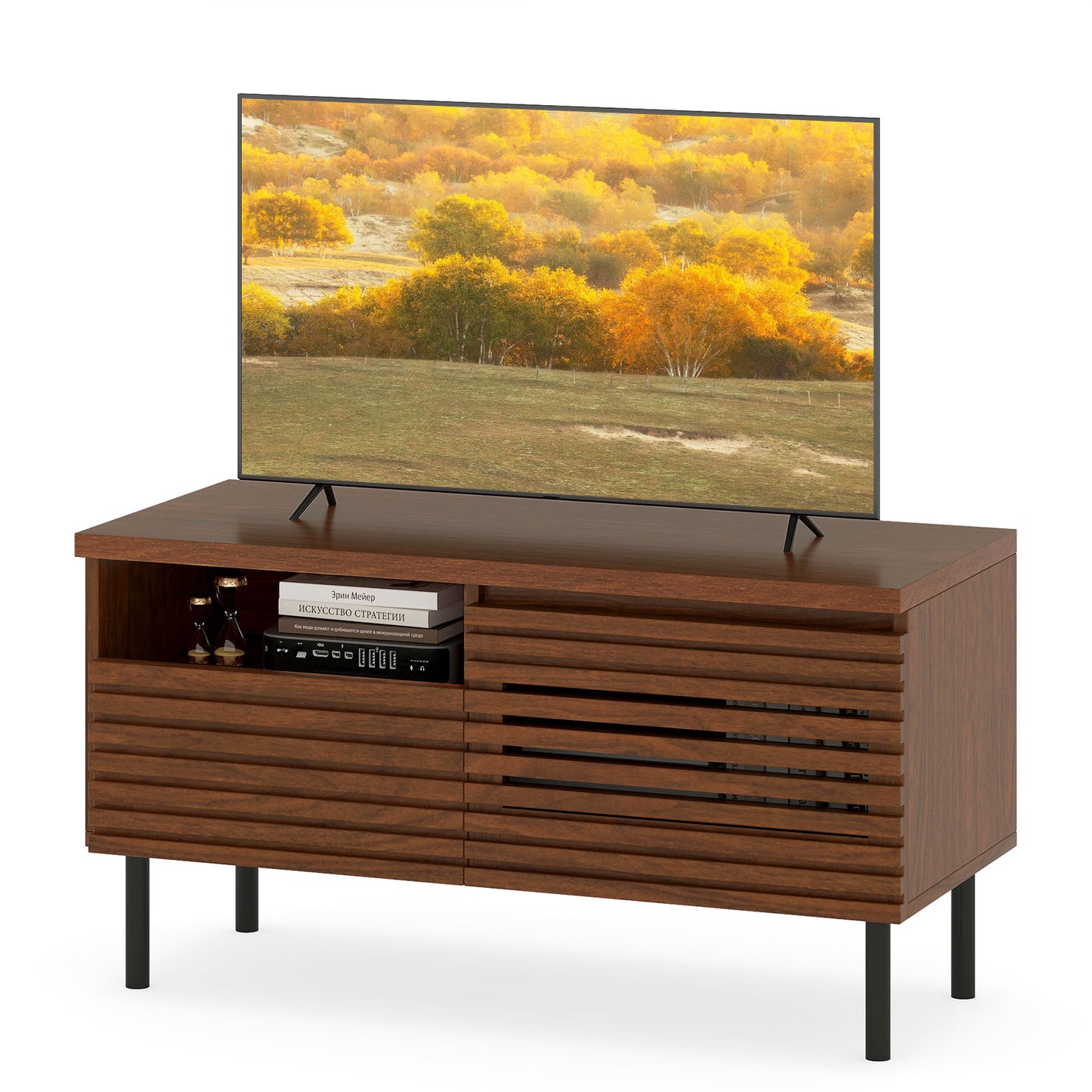 Mid Century Fluted TV Stand for 40 Inch TV Modern Entertainment Center with Open Compartment-Walnut