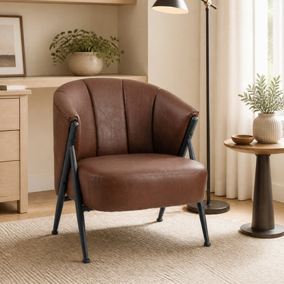 Mid Century Modern Accent Chair with Curved Backrest and Wide Seat Comfy Armchair-Brown