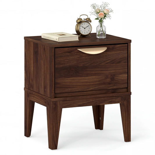 Mid Century Modern Bedside Table with Drawer and Tapered Support Feet for Bedroom-Walnut