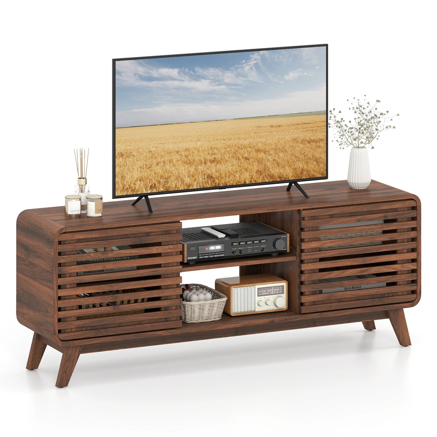 Mid Century Modern Entertainment Center with Grille-style Sliding Doors for Living Room-Walnut