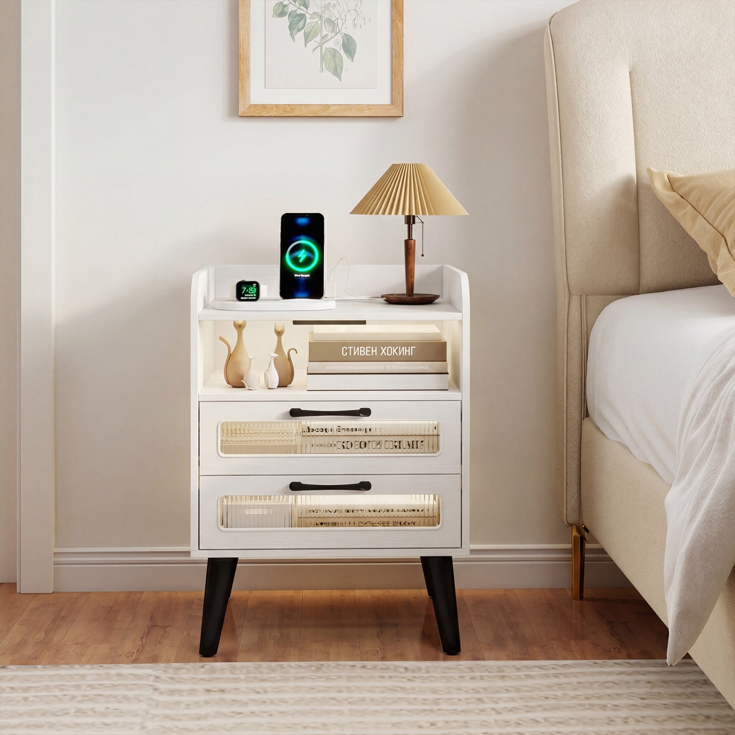 White mid-century modern nightstand with built-in charging station and LED lights, stylish furniture for bedroom decor.
