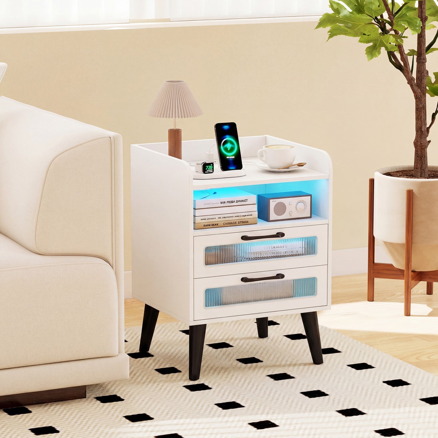 White mid-century modern nightstand with charging station and LED lights, stylish bedroom furniture by Wilsons Home Store