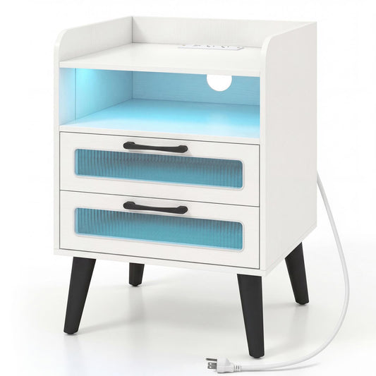 White mid-century modern nightstand with charging station and LED lights, sleek bedroom furniture by Wilsons Home Store