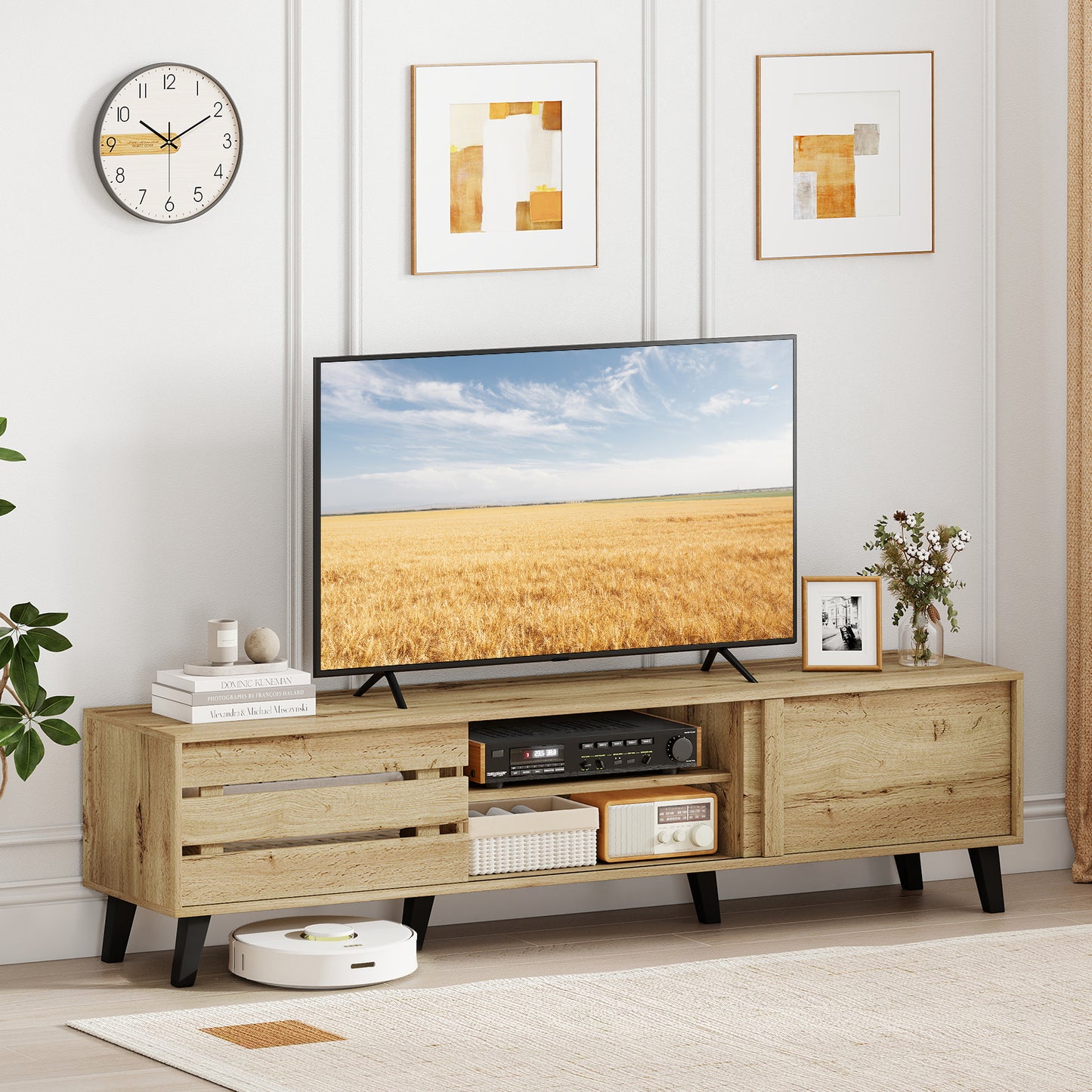 Mid Century Modern TV Stand for 80 Inch TVs with Sliding Door Cabinets and Storage Shelves-Oak