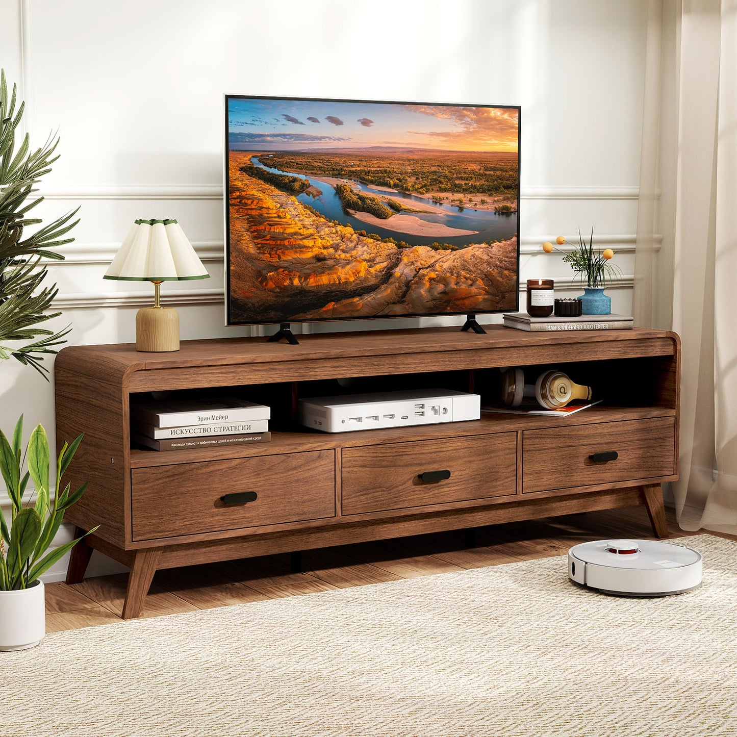 Mid Century Modern TV Stand for TVs up to 70" with 3 Storage Drawers and Open Shelves-Walnut