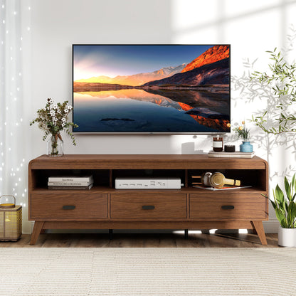Mid Century Modern TV Stand for TVs up to 70" with 3 Storage Drawers and Open Shelves-Walnut