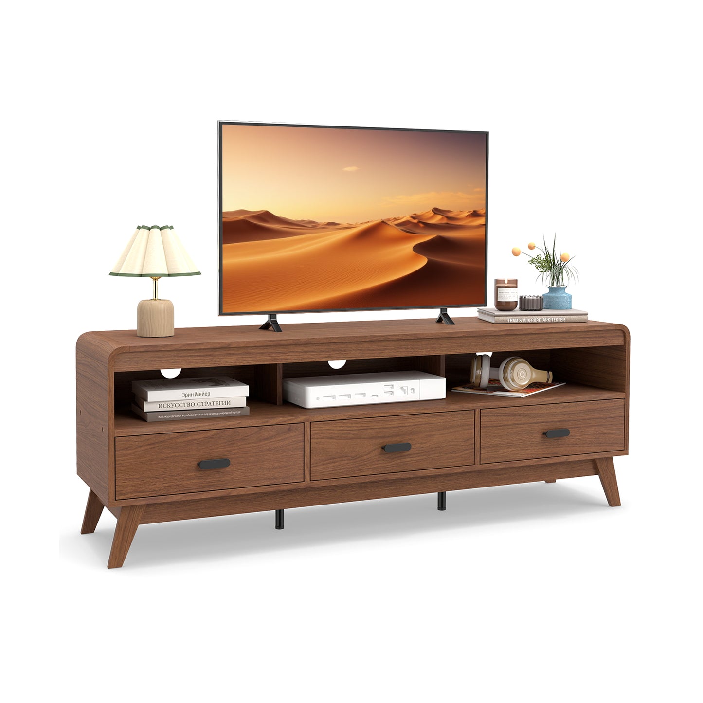 Mid Century Modern TV Stand for TVs up to 70" with 3 Storage Drawers and Open Shelves-Walnut