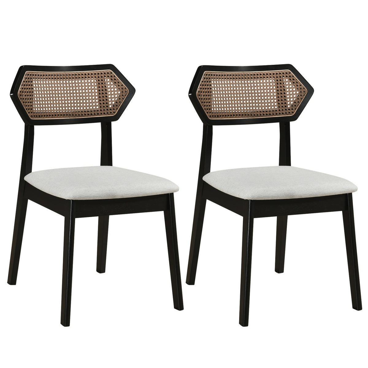 Set of two mid-century rattan dining chairs with black rattan backs and solid wood frames, stylish furniture for kitchen and dining areas.