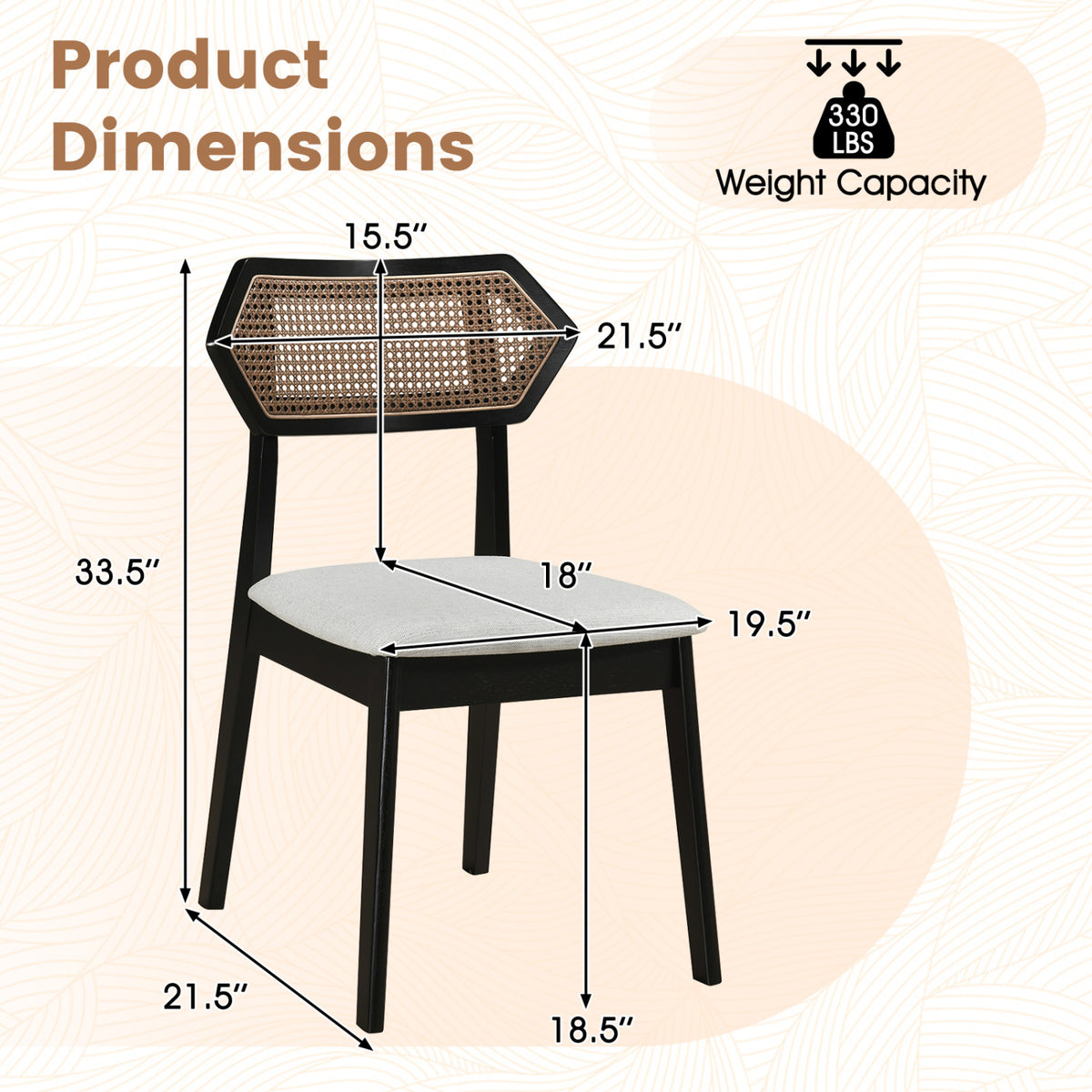 Set of two mid-century rattan dining chairs with rattan backs and solid wood frames, black finish, by Wilsons Home Store.